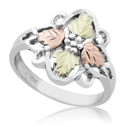 Ave 369 Diamond-Cut Quatrefoil with Leaves Ring, Sterling Silver, 12k Green and Rose Gold Black Hills Gold Motif