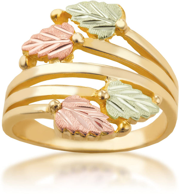 Layered Vines Bypass Leaves Ring, 10k Yellow Gold, 12k Green and Rose Gold Black Hills Gold Motif, Size 4