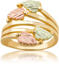 Layered Vines Bypass Leaves Ring, 10k Yellow Gold, 12k Green and Rose Gold Black Hills Gold Motif, Size 4.25