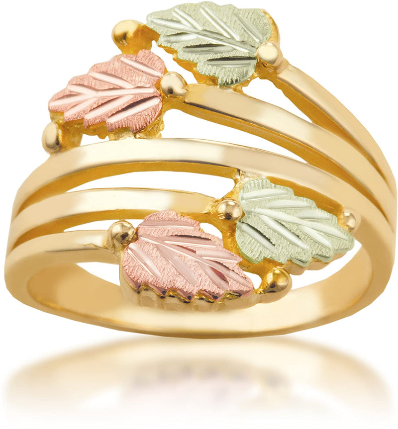 Layered Vines Bypass Leaves Ring, 10k Yellow Gold, 12k Green and Rose Gold Black Hills Gold Motif, Size 4.5