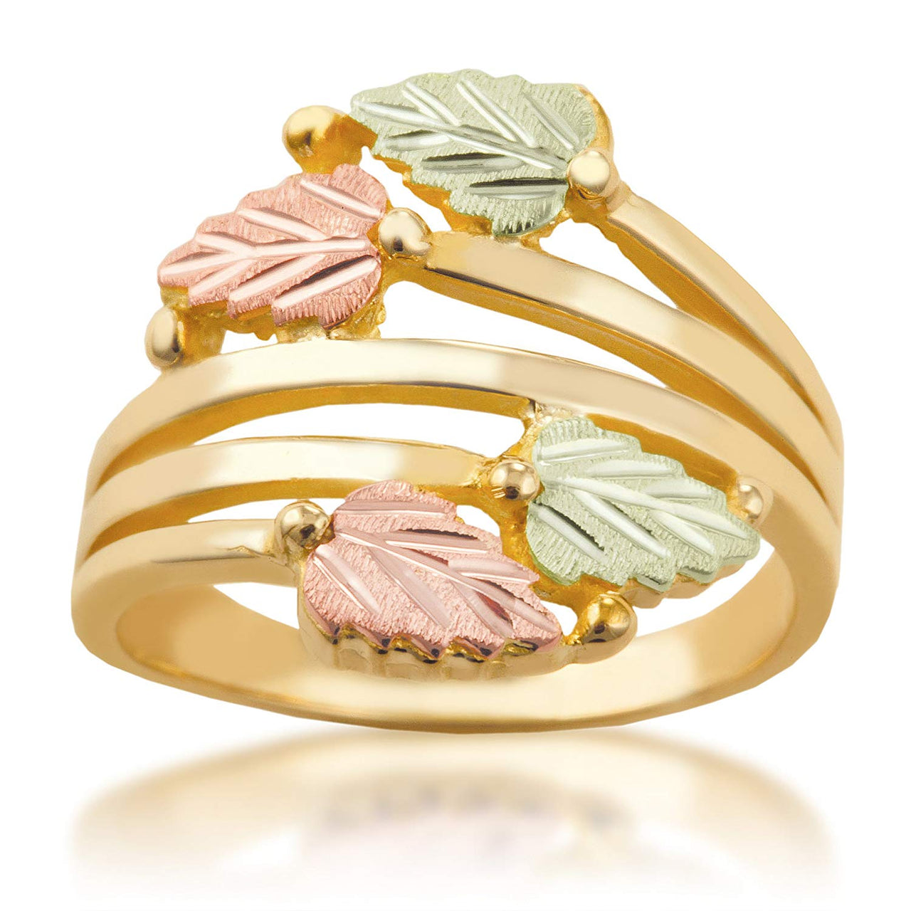 Layered Vines Bypass Leaves Ring, 10k Yellow Gold, 12k Green and Rose Gold Black Hills Gold Motif, Size 5.5