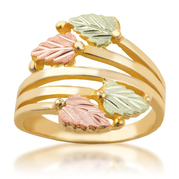 Layered Vines Bypass Leaves Ring, 10k Yellow Gold, 12k Green and Rose Gold Black Hills Gold Motif, Size 7.75