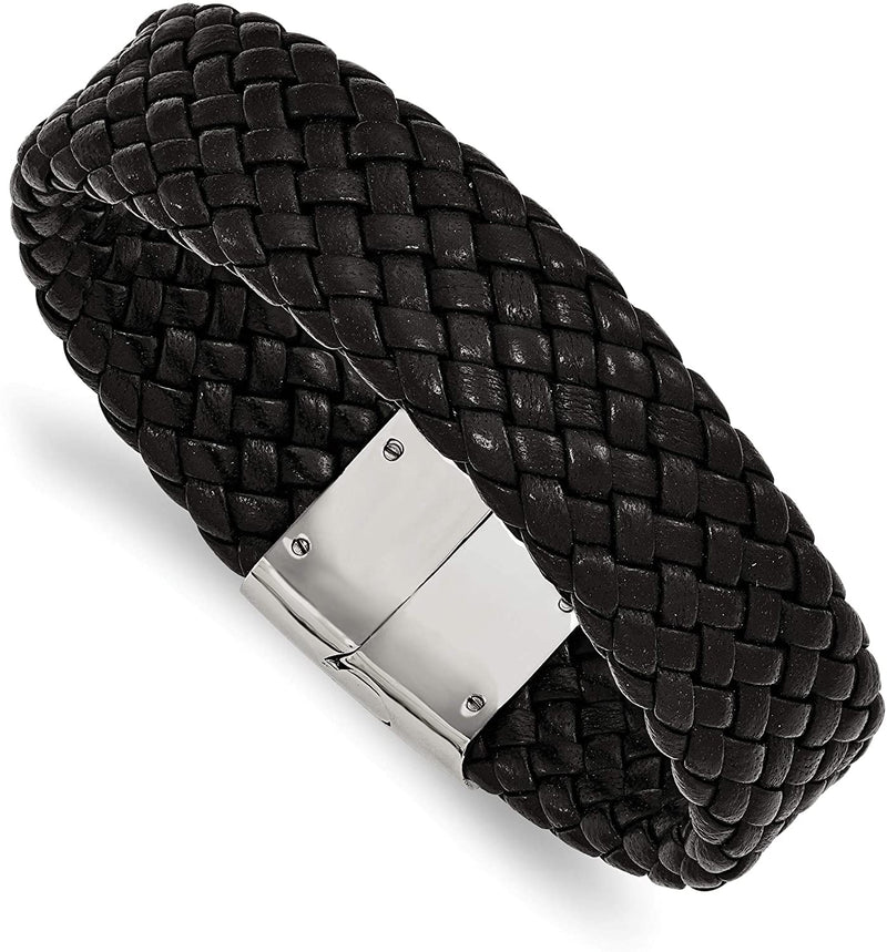 Men's Woven Black Leather Stainless Steel Magnetic- Clasp Bracelet, 8.5 Inches
