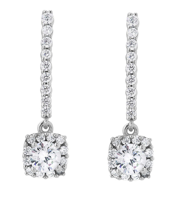 CZ Halo Dangle Earrings, Rhodium Plated Sterling Silver