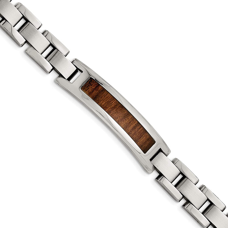 Men's Brushed Stainless Steel 12mm Brown Wood Enameled ID Bracelet, 8.5 Inches