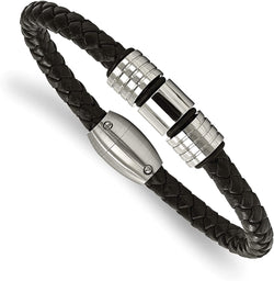 Men's Black Braided Leather 6.75mm Stainless Steel Accents Bracelet, 8.5 Inches