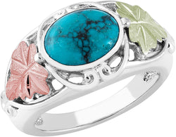 Inlaid Oval Turquoise with Leaves Ring, Sterling Silver, 12k Green and Rose Gold Black Hills Gold Motif, Size 4.25