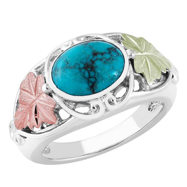 Inlaid Oval Turquoise with Leaves Ring, Sterling Silver, 12k Green and Rose Gold Black Hills Gold Motif