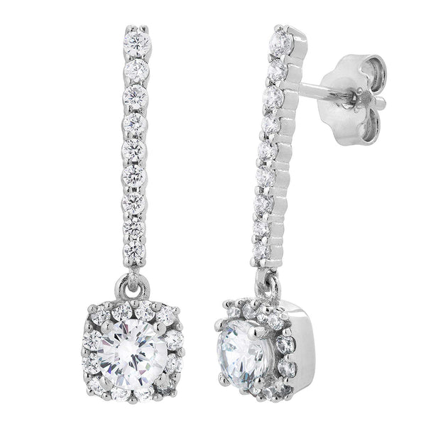 CZ Halo Dangle Earrings, Rhodium Plated Sterling Silver