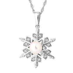 White Freshwater Cultured Pearl and CZ Snowflake Pendant Necklace, Rhodium Plated Sterling Silver, 18"(6-6.5 MM)