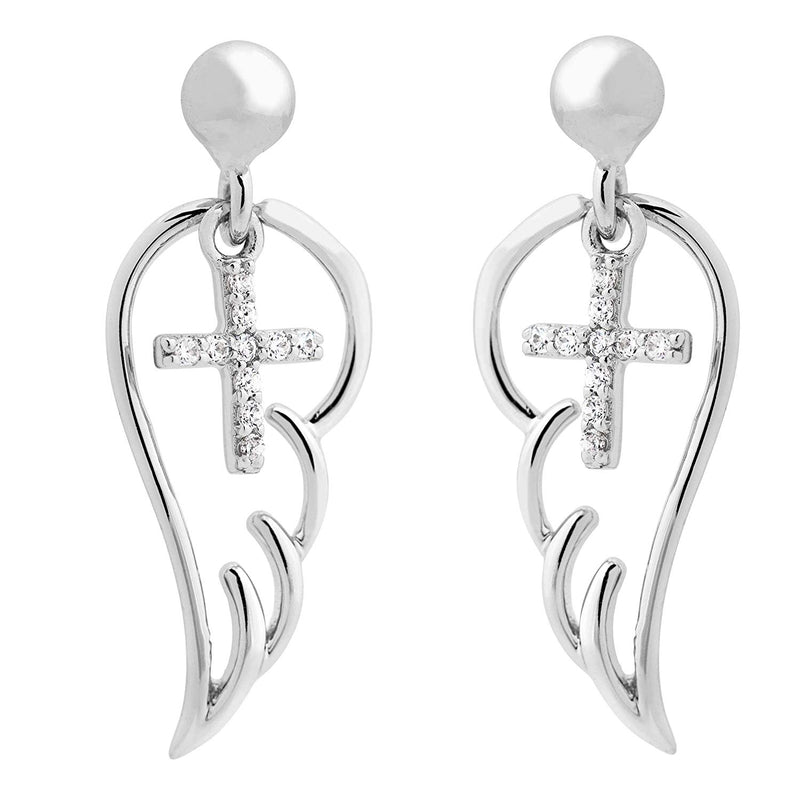 Mirror Polished Angel Wing CZ Cross Earrings, Rhodium Plated Sterling Silver