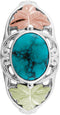 Inlaid Oval Turquoise with Leaves Ring, Sterling Silver, 12k Green and Rose Gold Black Hills Gold Motif, Size 4.25