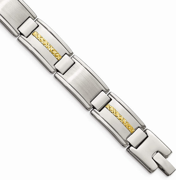 Men's Brushed Stainless Steel with 14k Yellow Gold Link Bracelet, 8.75 Inches