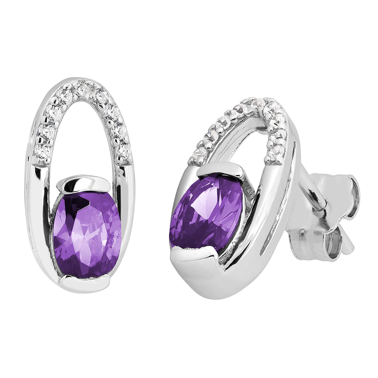 Purple Passion CZ Oval Stud Earrings, Rhodium Plated Sterling Silver