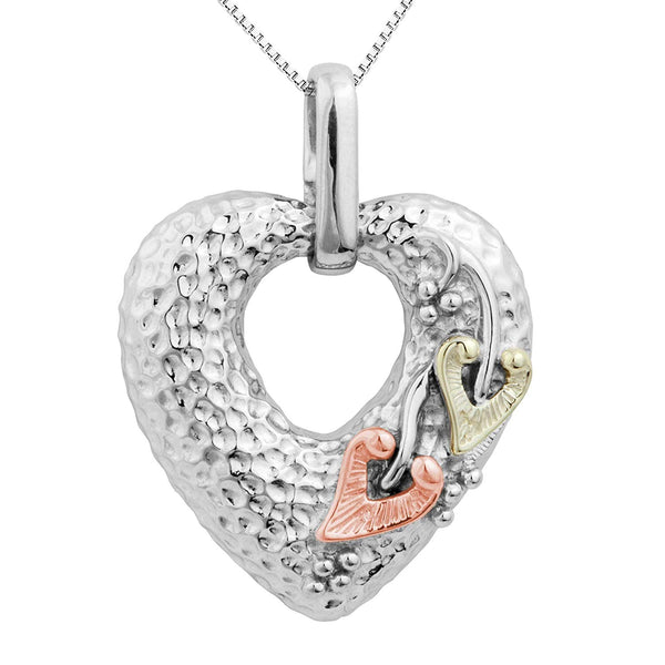 Hammer Finished Heart Pendant Necklace, Rhodium Plated Sterling Silver, 10k Green and Rose Gold, 18" to 22"