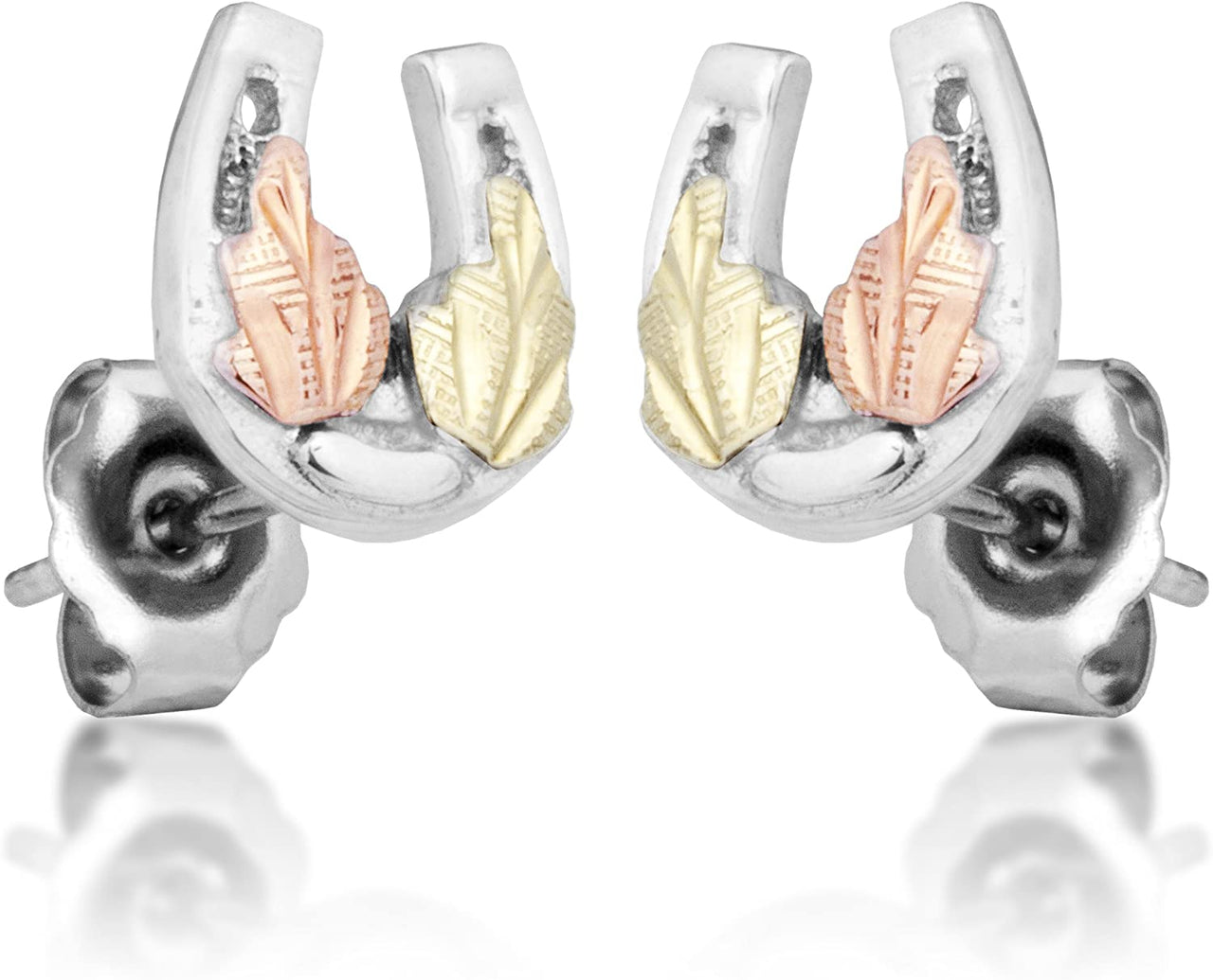 Petite Horseshoe Earrings, Sterling Silver, 12k Green and Rose Gold Black Hills Gold Motif