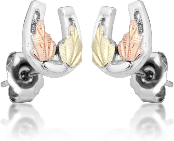 Petite Horseshoe Earrings, Sterling Silver, 12k Green and Rose Gold Black Hills Gold Motif