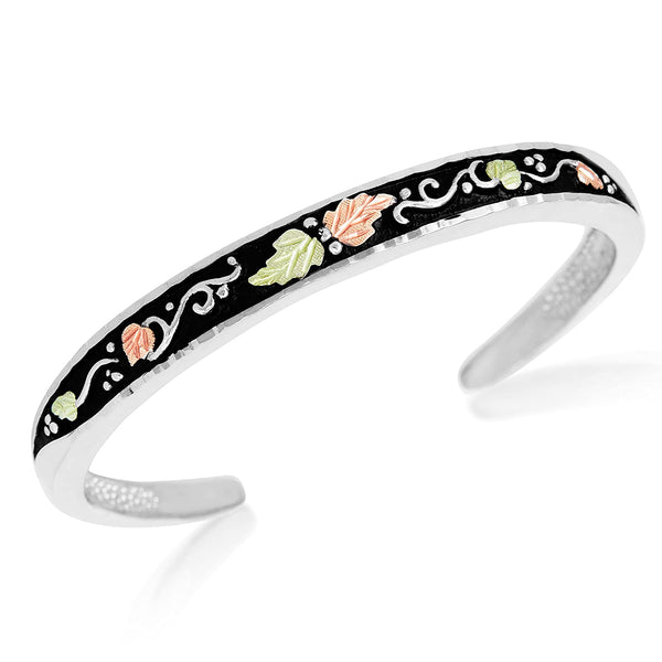 Petite Antique Bangle Bracelet; Sterling Silver, 12k Green and Rose Gold Black Hills Gold Motif