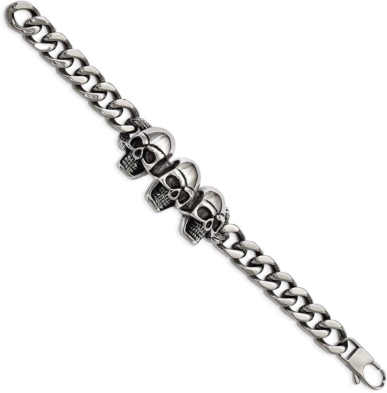 Men's Stainless Steel Antiqued Skull Bracelet, 8.5 Inches