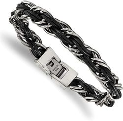 Men's Genuine Leather Braided Stainless Steel Bracelet, 8.25 Inches