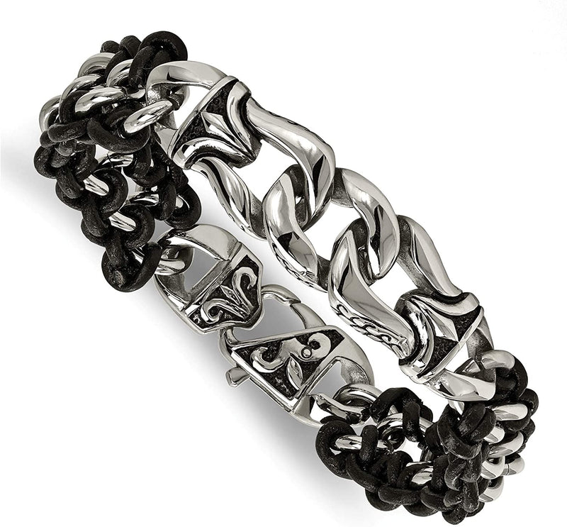Men's Black Leather Brushed Stainless Steel Bracelet, 8.5 Inches