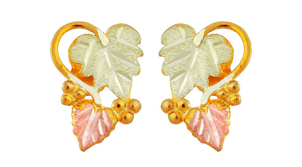 Graduated Leaves Stud Earrings, 10k Yellow Gold, 12k Green and Rose Gold Black Hills Gold Motif