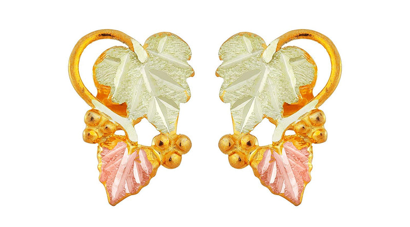 Graduated Leaves Stud Earrings, 10k Yellow Gold, 12k Green and Rose Gold Black Hills Gold Motif