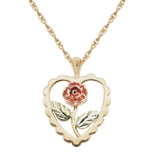 Open Heart Rose Pendant Necklace, 10k Yellow Gold, 12k Green Gold, 12k Rose Gold Black Hills Gold