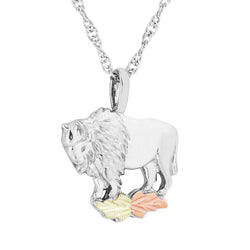 Engraved Buffalo Pendant Necklace, Sterling Silver, 12k Green and Rose Gold Black Hills Gold Motif, 18"