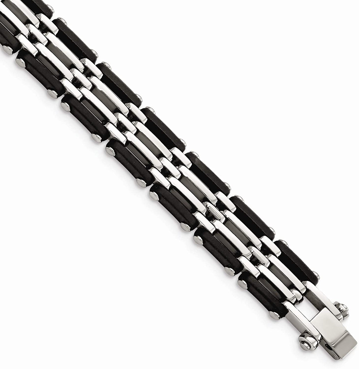 Men's Stainless Steel 12mm Black Rubber Bracelet, 8.25 Inches