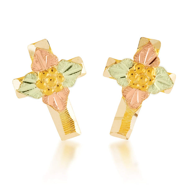 Beveled Edge Cross Earrings, 10k Yellow Gold, 12k Green and Rose Gold Black Hills Gold Motif