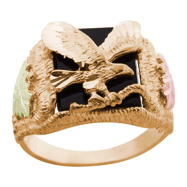 Men's Onyx Eagle Ring, 10k Yellow Gold, 12k Pink and Green Gold Black Hills Gold Motif