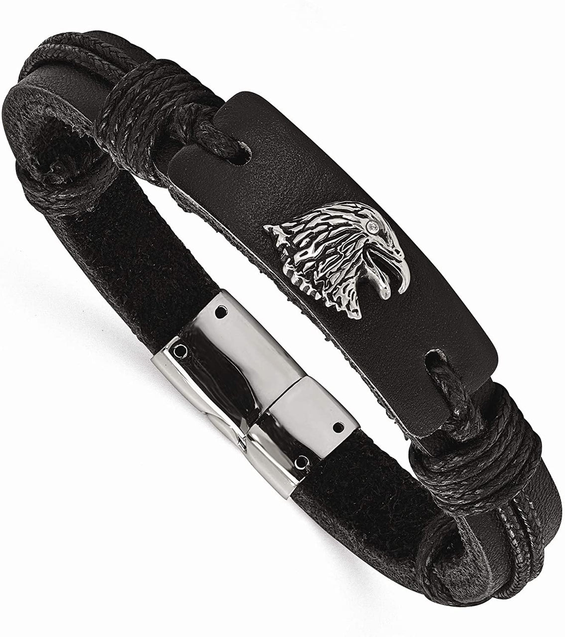 Men's Eagle Head Black Leather Antiqued Stainless Steel ID Bracelet, 8.5 Inches