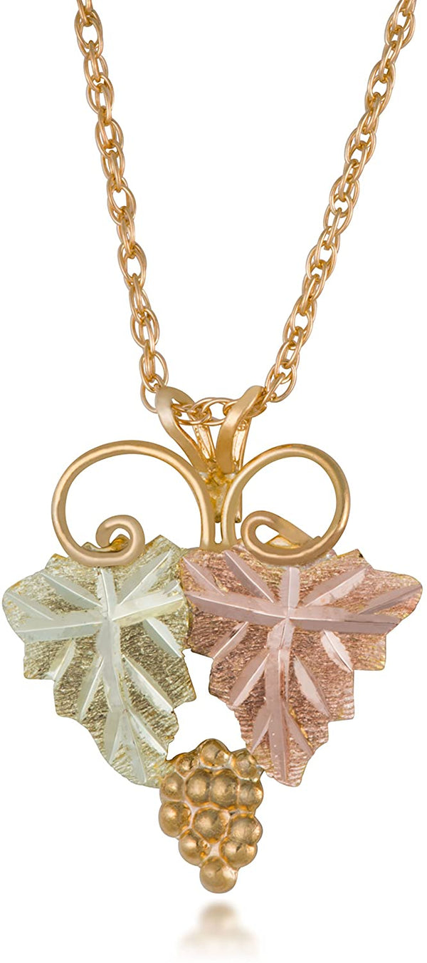 Two Leaf Necklace, 10k Yellow Gold, 12k Pink and Green Leaf Black Hills Gold Motif, 18"