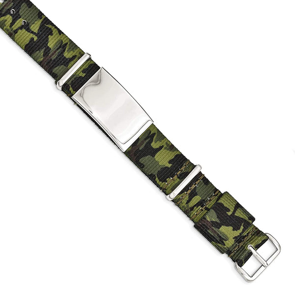 Men's Stainless Steel Green Camo Fabric Band Adjustable ID Bracelet, 10 Inches