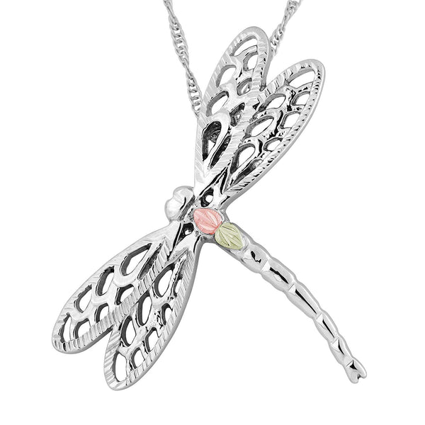 Petite Dragonfly Pendant Necklace, Sterling Silver, 12k Green and Rose Gold Black Hills Gold Motif, 18"