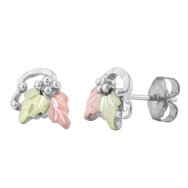 Petite Black Hills Gold Grape Leaf Stud Earrings, Sterling Silver, 12k Rose and Mint-Green Gold