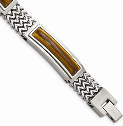 Men's Brushed and Polished Stainless Steel 11.35mm Tiger's Eye Bracelet, 8.25 Inches