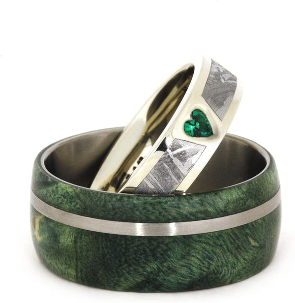 Created Emerald, Gibeon Meteorite 14k White Gold Ring and Green Box Elder Burl Wood Titanium Band, Couples Ring Set, M12.5-F7.5