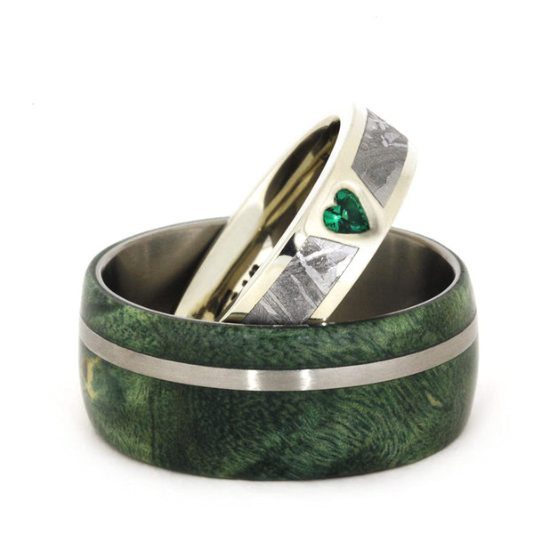 Created Emerald, Gibeon Meteorite 14k White Gold Ring and Green Box Elder Burl Wood Titanium Band, Couples Ring Set