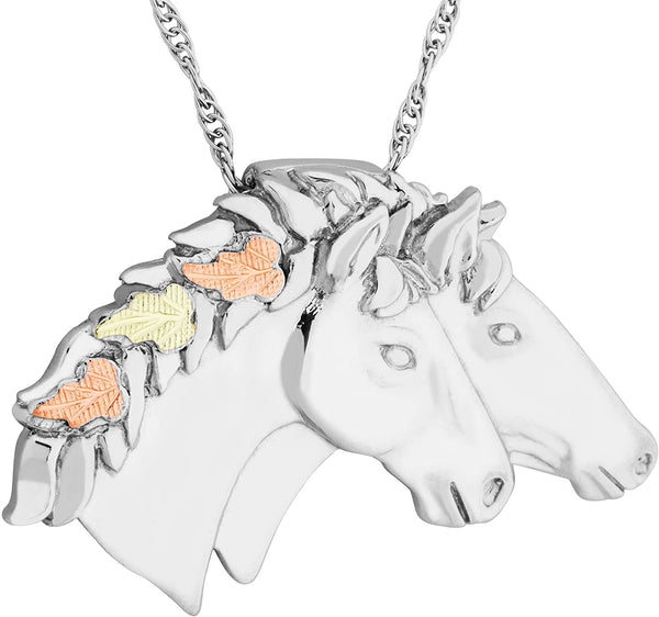 Double Horse Head Pendant Necklace, Sterling Silver, 12k Green and Rose Gold Black Hills Gold Motif, 20"
