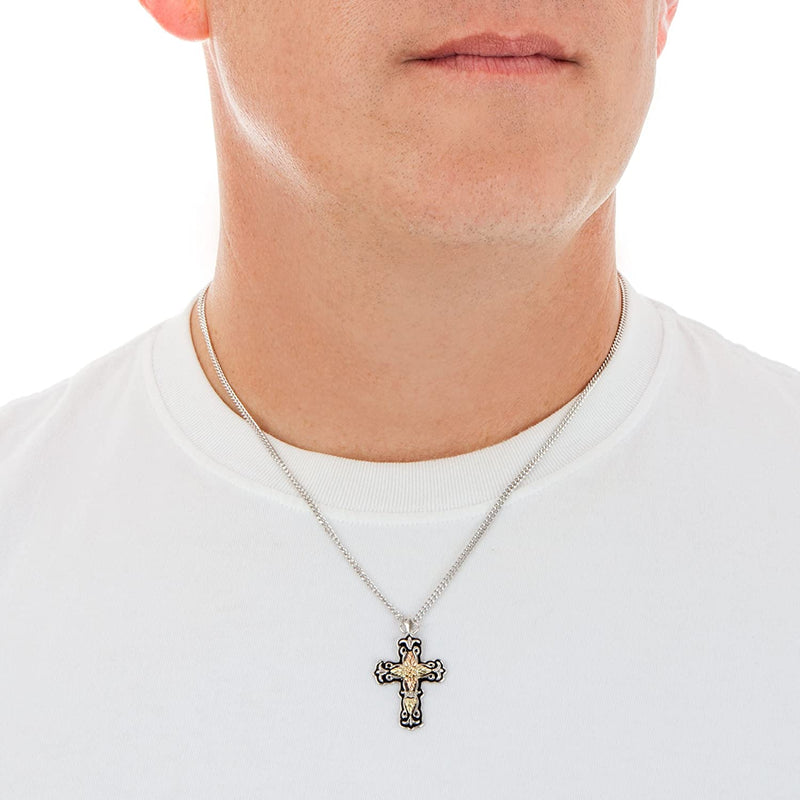 Antiqued Cross Pendant Necklace, Sterling Silver, 12k Green and Rose Gold Black Hills Gold Motif, 20"