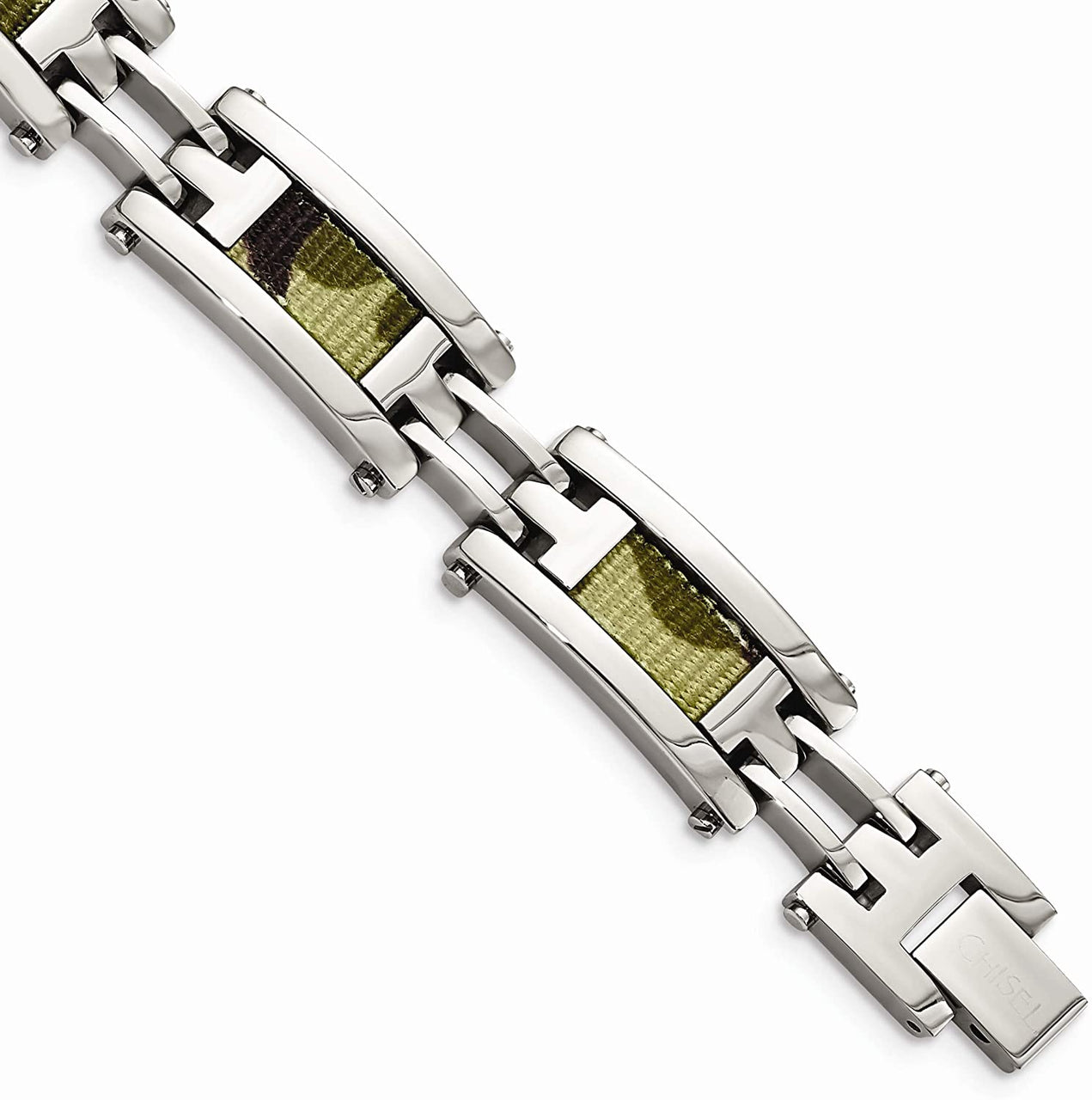 Men's Stainless Steel with Brown Camo Fabric Inlay Link Bracelet, 8.75 Inches