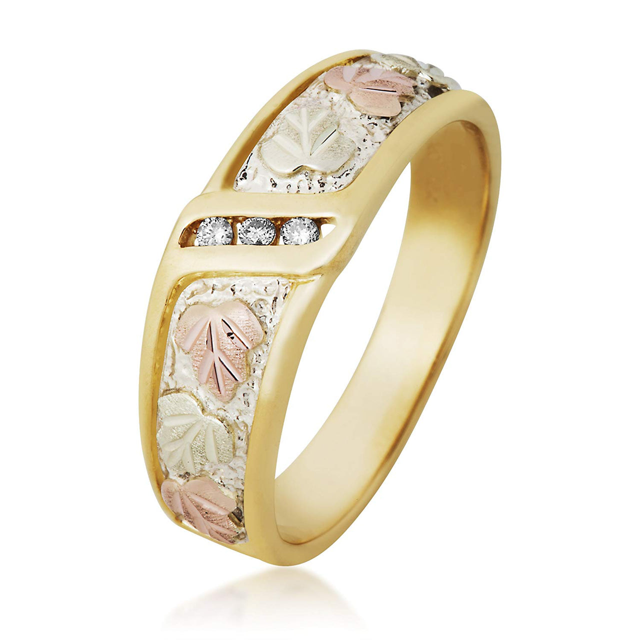 Men's Diamond Wedding Wide Band, 10k Yellow Gold, 12k Green and Rose Gold Black Hills Gold Motif (.06ct)