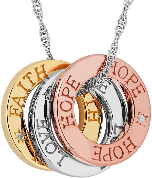 The Men's Jewelry Store (for HER) Diamond Hope, Love, Faith Pendant Necklace, Tri-Color Rhodium Plated Sterling Silver, 18"