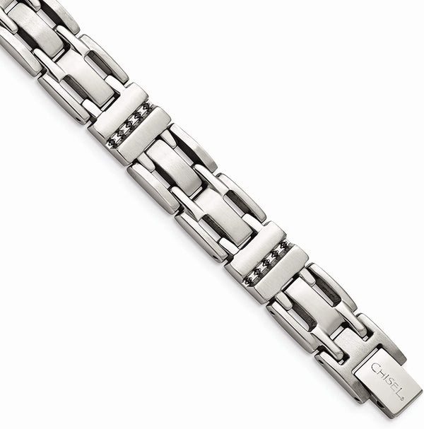 Men's Brushed and Polished Stainless Steel Black CZ Link Bracelet, 8.5 Inches