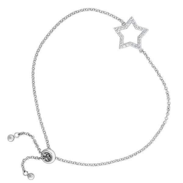 Open-Cut Star CZ Bolo Bracelet, Rhodium Plated Sterling Silver