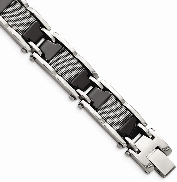 Men's Stainless Steel and Ceramic Black Mesh Link Bracelet, 8.25 Inches
