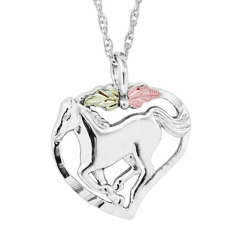 Horse in Heart Pendant Necklace, Sterling Silver, 12k Green and Rose Gold Black Hills Gold Motif, 18"
