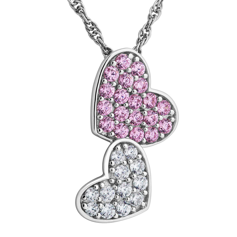 Pink and White CZ Two Heart Pendant Necklace, Rhodium Plated Sterling Silver, 18"